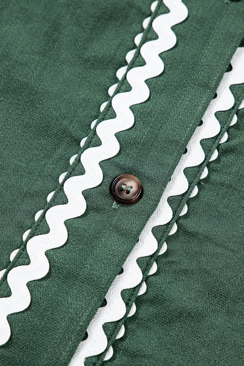 Ricrac Trim Button V Neck Knotted Sleeve Shift Mini Dress