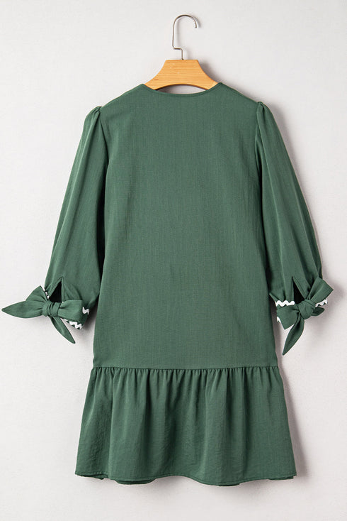 Ricrac Trim Button V Neck Knotted Sleeve Shift Mini Dress
