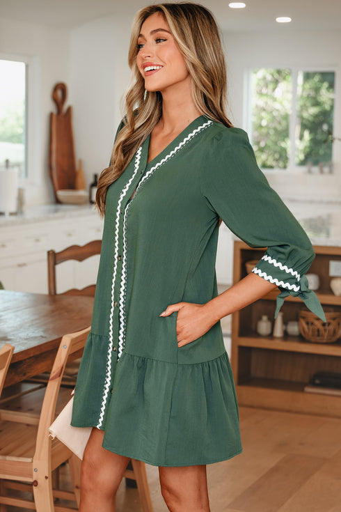 Ricrac Trim Button V Neck Knotted Sleeve Shift Mini Dress