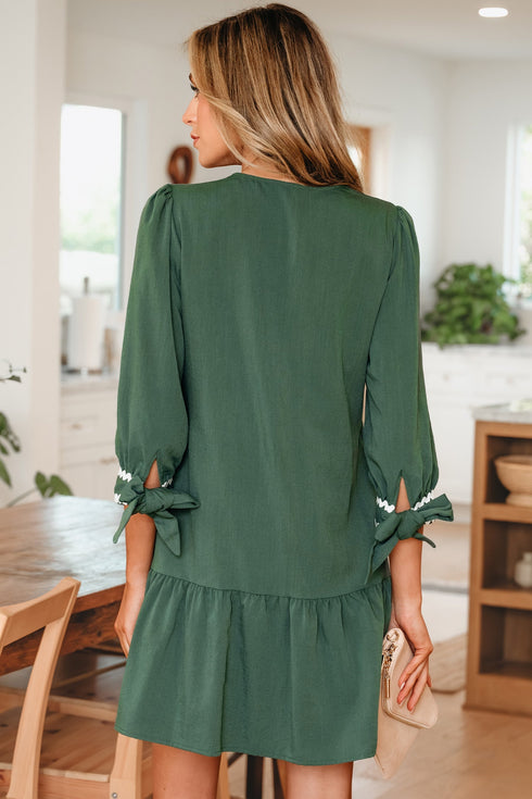 Ricrac Trim Button V Neck Knotted Sleeve Shift Mini Dress