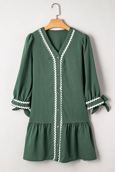 Ricrac Trim Button V Neck Knotted Sleeve Shift Mini Dress