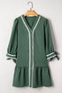 Ricrac Trim Button V Neck Knotted Sleeve Shift Mini Dress