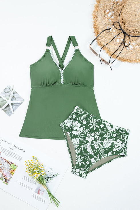 Ricrac Trim Clover Print Knot Back Swim Short Tankini Set