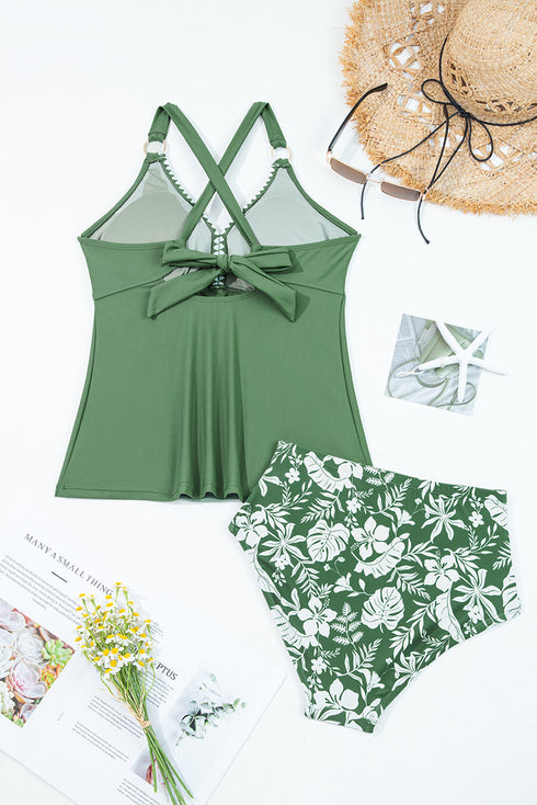 Ricrac Trim Clover Print Knot Back Swim Short Tankini Set