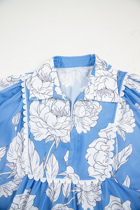 Ricrac Trim Collared Puff Sleeve Floral Print Blouse