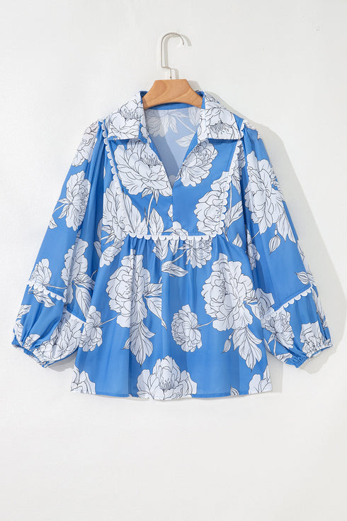 Ricrac Trim Collared Puff Sleeve Floral Print Blouse