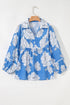 Ricrac Trim Collared Puff Sleeve Floral Print Blouse