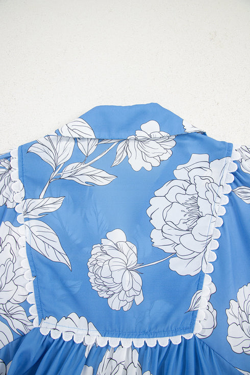 Ricrac Trim Collared Puff Sleeve Floral Print Blouse