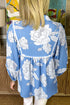 Ricrac Trim Collared Puff Sleeve Floral Print Blouse