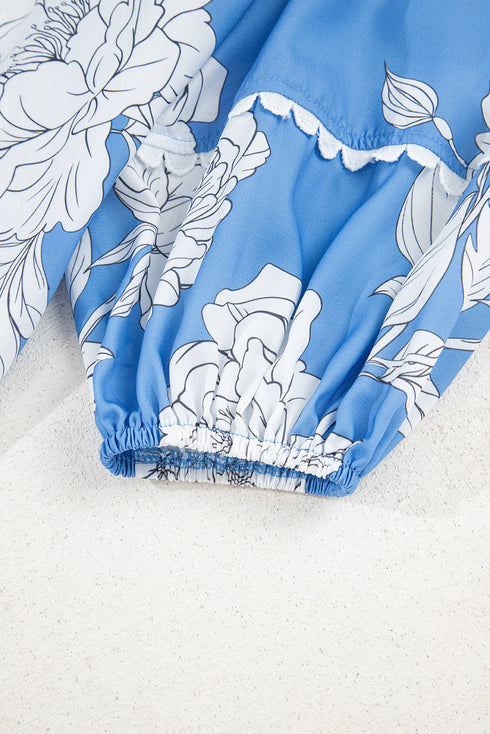 Ricrac Trim Collared Puff Sleeve Floral Print Blouse