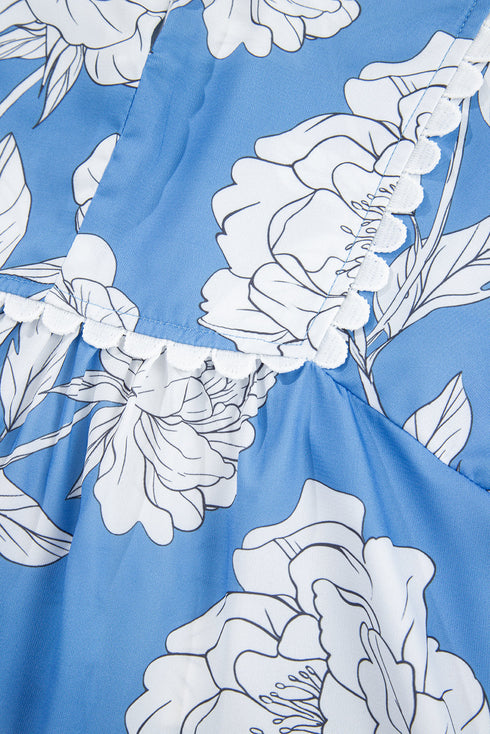 Ricrac Trim Collared Puff Sleeve Floral Print Blouse