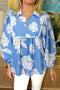 Ricrac Trim Collared Puff Sleeve Floral Print Blouse