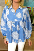 Ricrac Trim Collared Puff Sleeve Floral Print Blouse