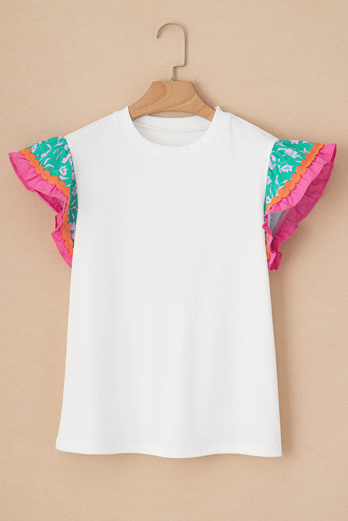 Ricrac Trim Floral Ruffle Sleeve Mixed Media Top