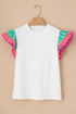 Ricrac Trim Floral Ruffle Sleeve Mixed Media Top
