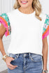 Ricrac Trim Floral Ruffle Sleeve Mixed Media Top