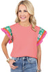Ricrac Trim Floral Ruffle Sleeve Mixed Media Top