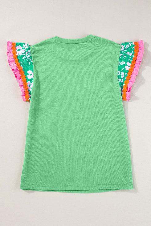 Ricrac Trim Floral Ruffle Sleeve Mixed Media Top