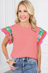 Ricrac Trim Floral Ruffle Sleeve Mixed Media Top