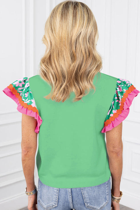 Ricrac Trim Floral Ruffle Sleeve Mixed Media Top