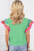 Ricrac Trim Floral Ruffle Sleeve Mixed Media Top