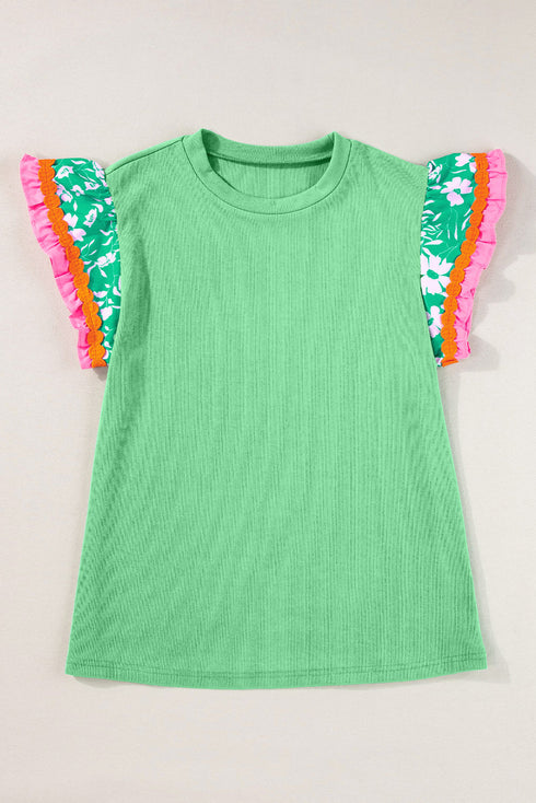 Ricrac Trim Floral Ruffle Sleeve Mixed Media Top