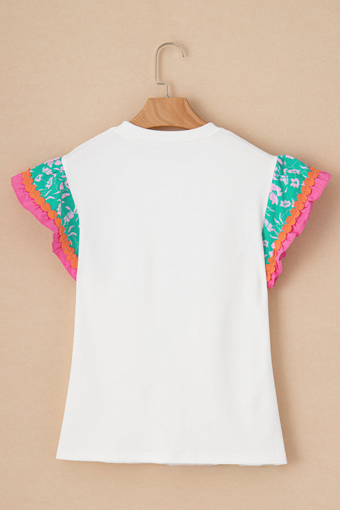 Ricrac Trim Floral Ruffle Sleeve Mixed Media Top