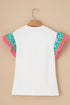 Ricrac Trim Floral Ruffle Sleeve Mixed Media Top