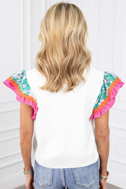 Ricrac Trim Floral Ruffle Sleeve Mixed Media Top