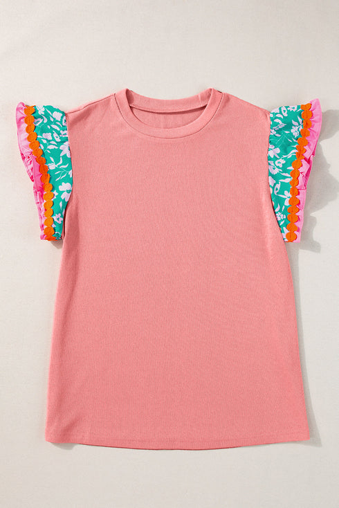 Ricrac Trim Floral Ruffle Sleeve Mixed Media Top