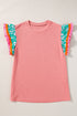 Ricrac Trim Floral Ruffle Sleeve Mixed Media Top