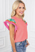 Ricrac Trim Floral Ruffle Sleeve Mixed Media Top