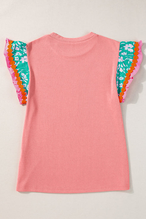 Ricrac Trim Floral Ruffle Sleeve Mixed Media Top
