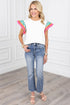 Ricrac Trim Floral Ruffle Sleeve Mixed Media Top