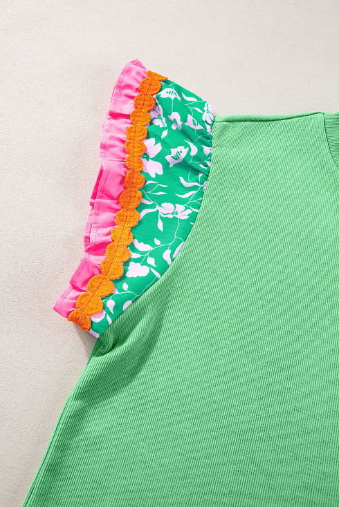 Ricrac Trim Floral Ruffle Sleeve Mixed Media Top