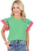 Ricrac Trim Floral Ruffle Sleeve Mixed Media Top