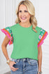 Ricrac Trim Floral Ruffle Sleeve Mixed Media Top