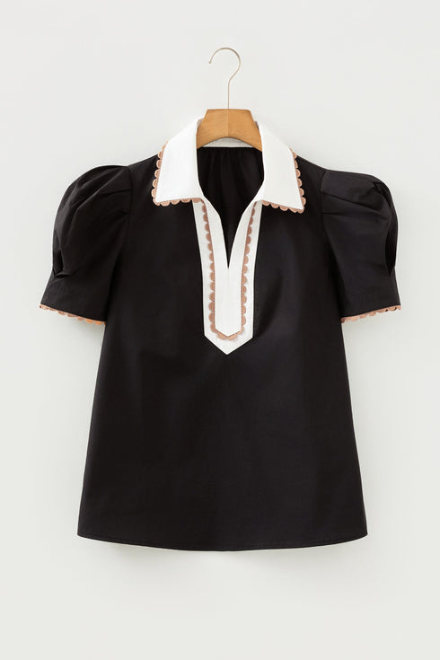 Ricrac Trim Patchwork Pattern Puff Sleeve Shirt Collar Blouse