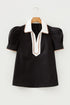 Ricrac Trim Patchwork Pattern Puff Sleeve Shirt Collar Blouse