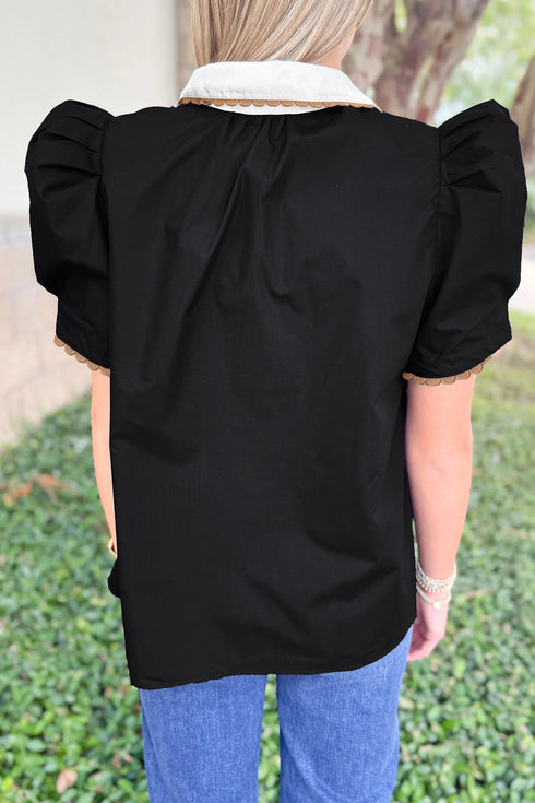 Ricrac Trim Patchwork Pattern Puff Sleeve Shirt Collar Blouse