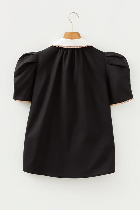 Ricrac Trim Patchwork Pattern Puff Sleeve Shirt Collar Blouse