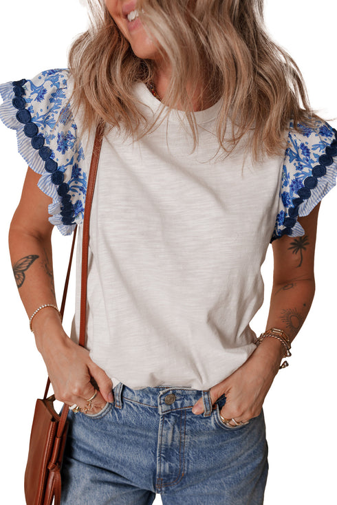 Ricrac Trim Printed Flutter Sleeve Contrast Patchwork Blouse