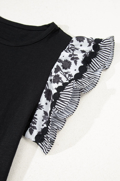 Ricrac Trim Printed Flutter Sleeve Contrast Patchwork Blouse