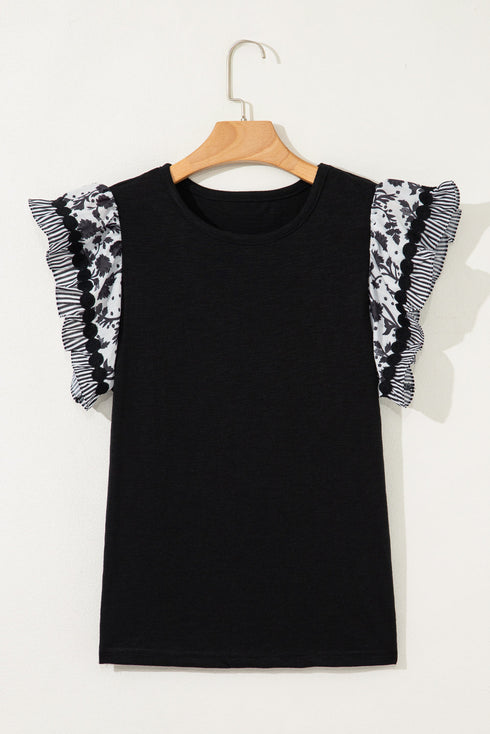 Ricrac Trim Printed Flutter Sleeve Contrast Patchwork Blouse