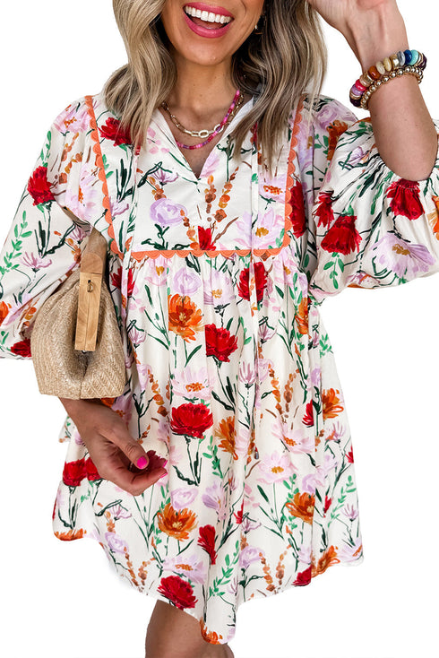 Ricrac Trim Puff Sleeve Floral Swing Mini Dress