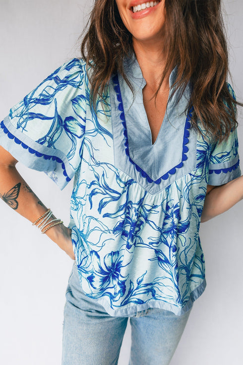 Ricrac Trim Slit V Neck Short Sleeve Floral Blouse