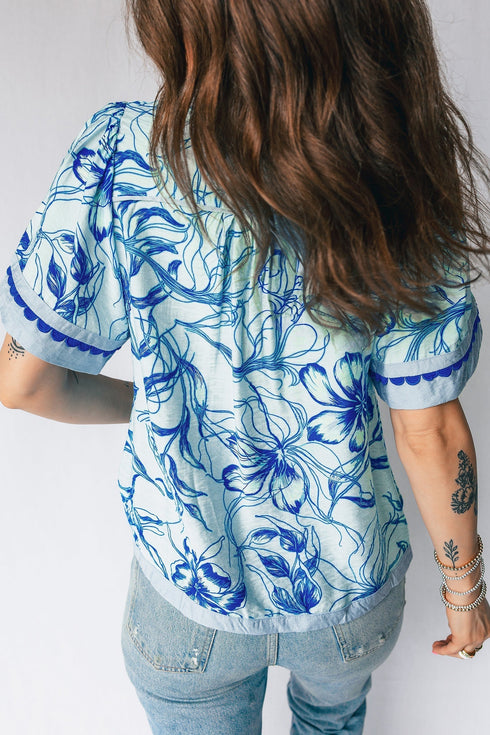 Ricrac Trim Slit V Neck Short Sleeve Floral Blouse
