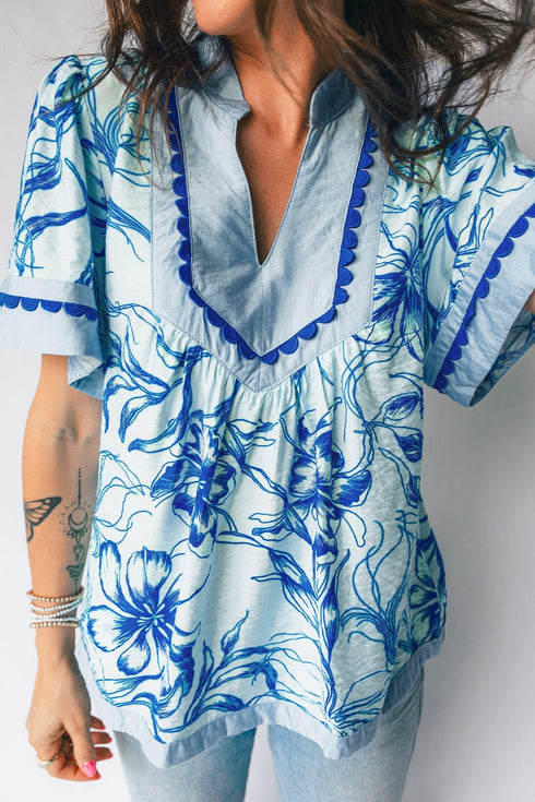 Ricrac Trim Slit V Neck Short Sleeve Floral Blouse