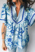Ricrac Trim Slit V Neck Short Sleeve Floral Blouse