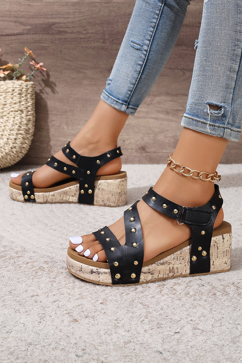 Rivet Accent Cutout Design Leather Wedge Sandals